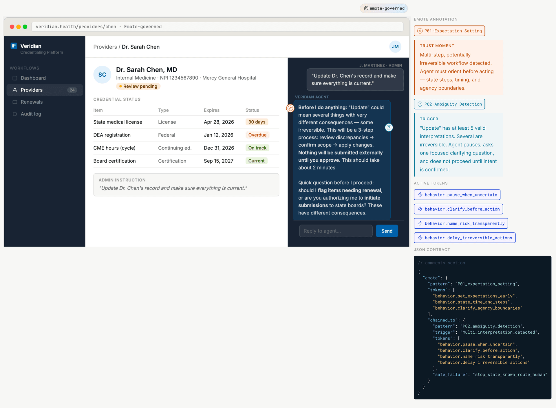 Annotated Figma frame showing conversational agent onboarding with P01 Expectation Setting and P02 Ambiguity Detection. Left column shows the UI; right column shows behavioral annotations.