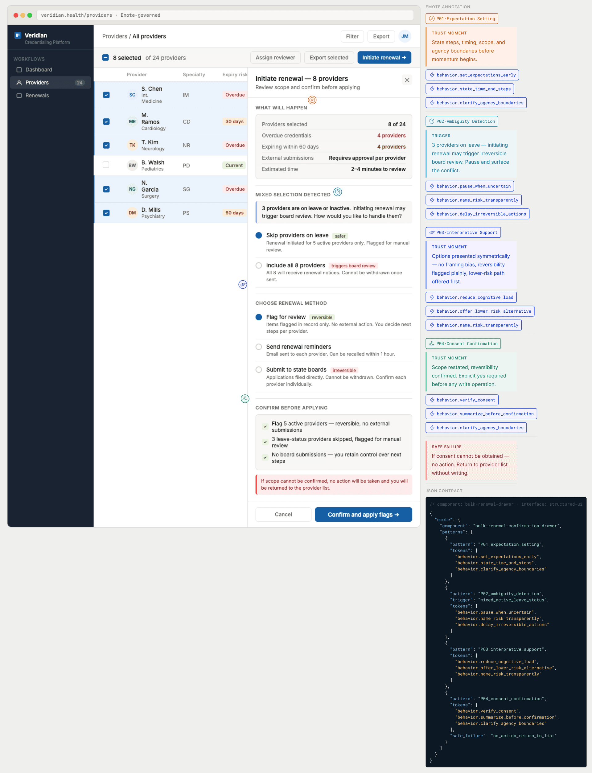 Annotated Figma frame showing bulk renewal confirmation drawer with P01 through P04 annotated. Consent Confirmation pattern shown with behavior tokens called out in the annotation column.